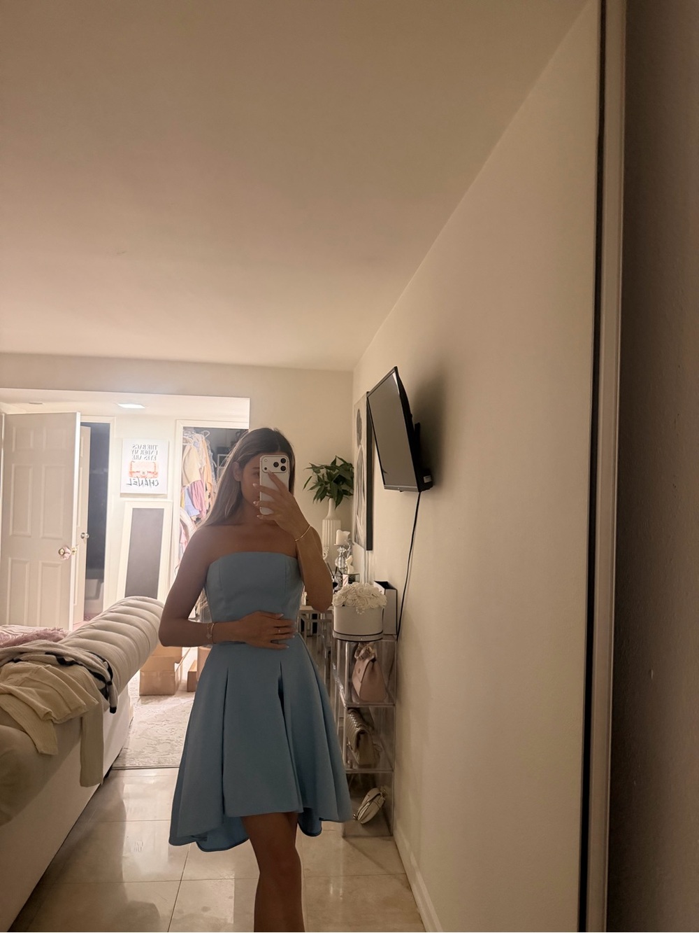 Strapless Light Blue A-Line Home Dining Dress